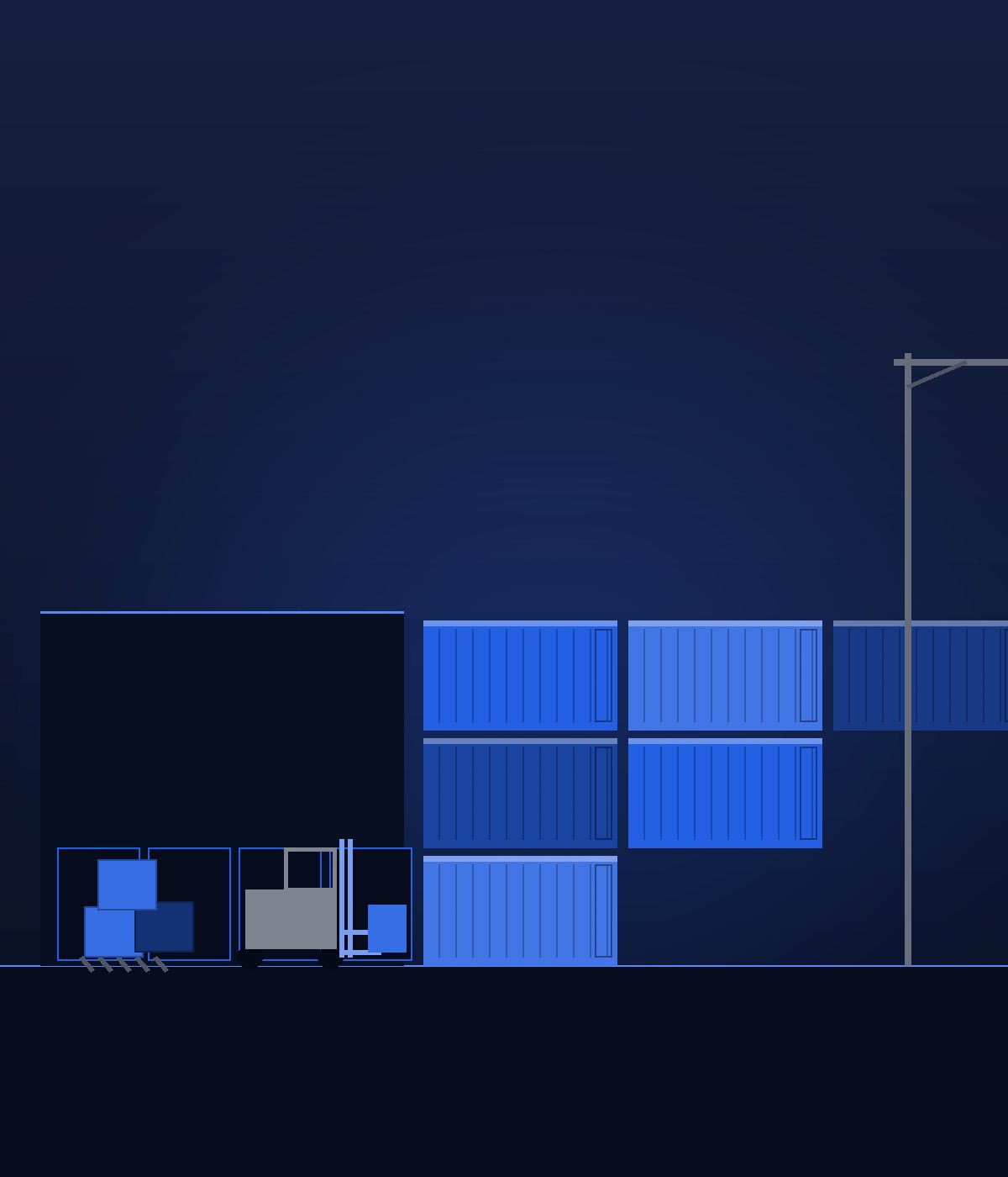 Illustration of a distribution center with shipping containers, a warehouse, a gantry crane, pallets, and a forklift
